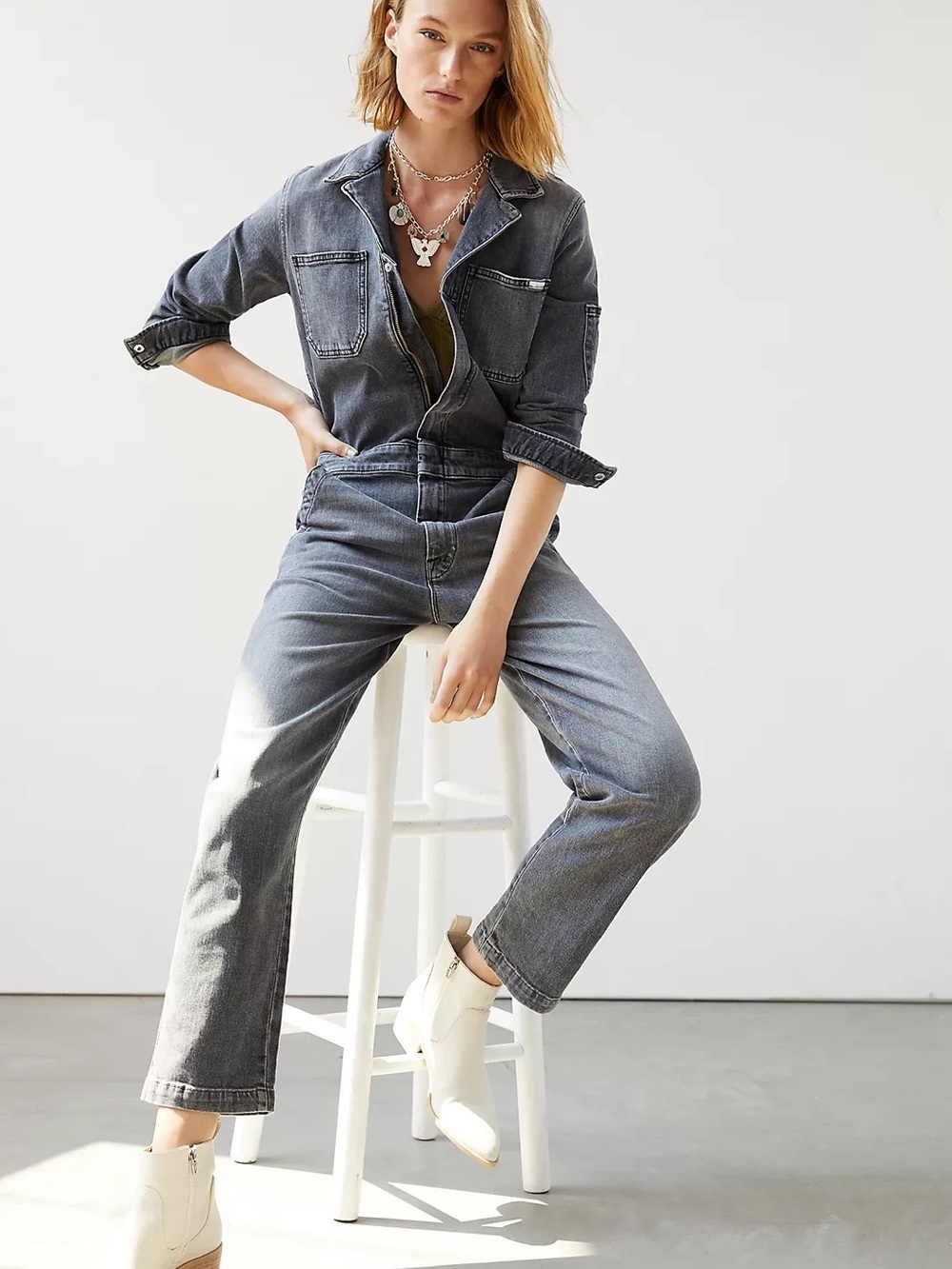 MOTHER x Anthropologie The Half Spring Denim Jumpsuit Gray XS Gorpcore